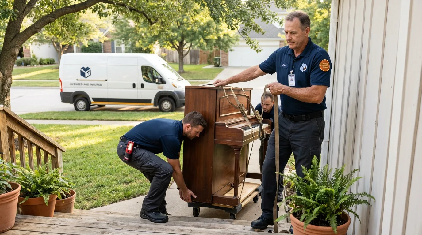 Licensed piano movers securing grand piano in Parkers Prairie, MN
