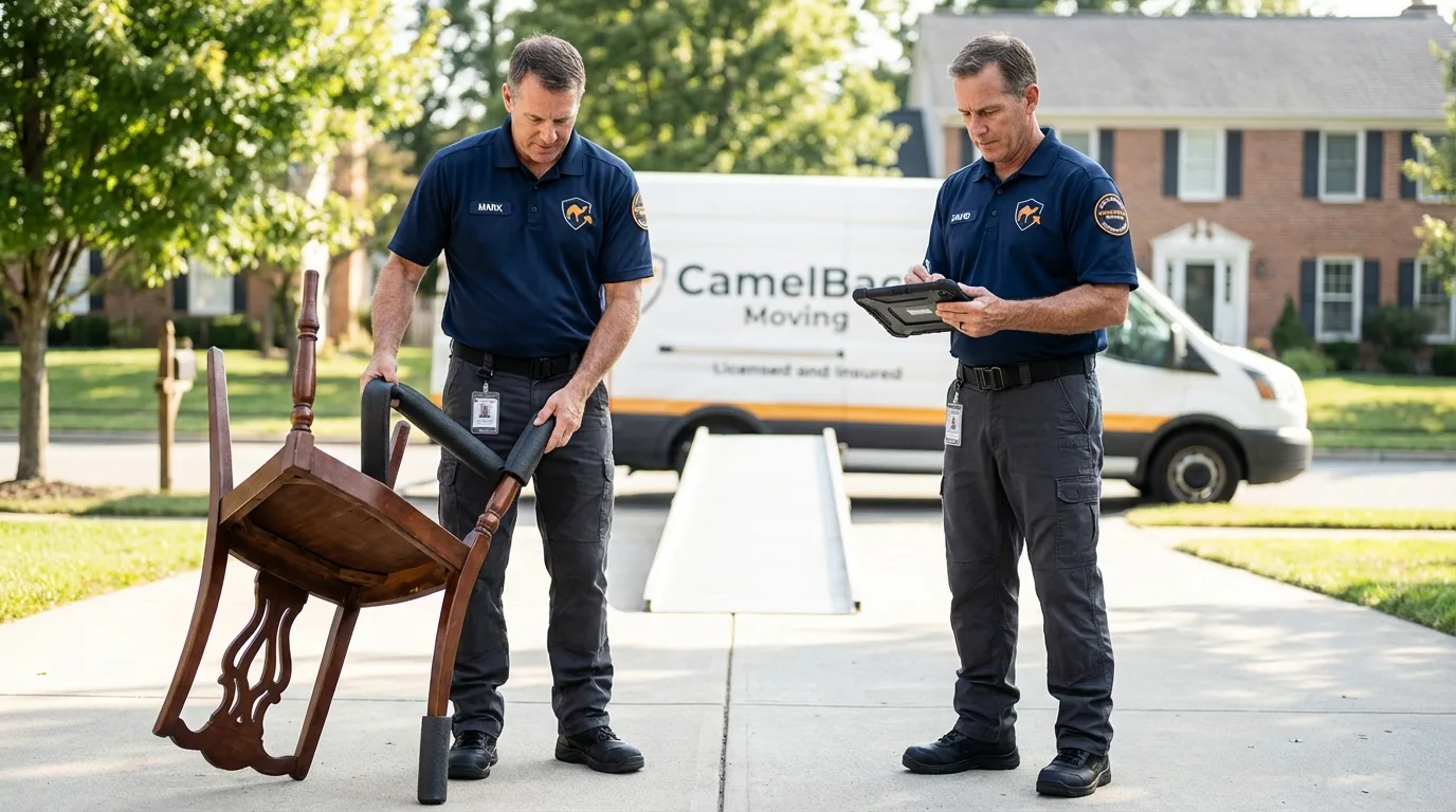 Movers inspecting furniture for damage prevention before loading in Parkers Prairie, MN