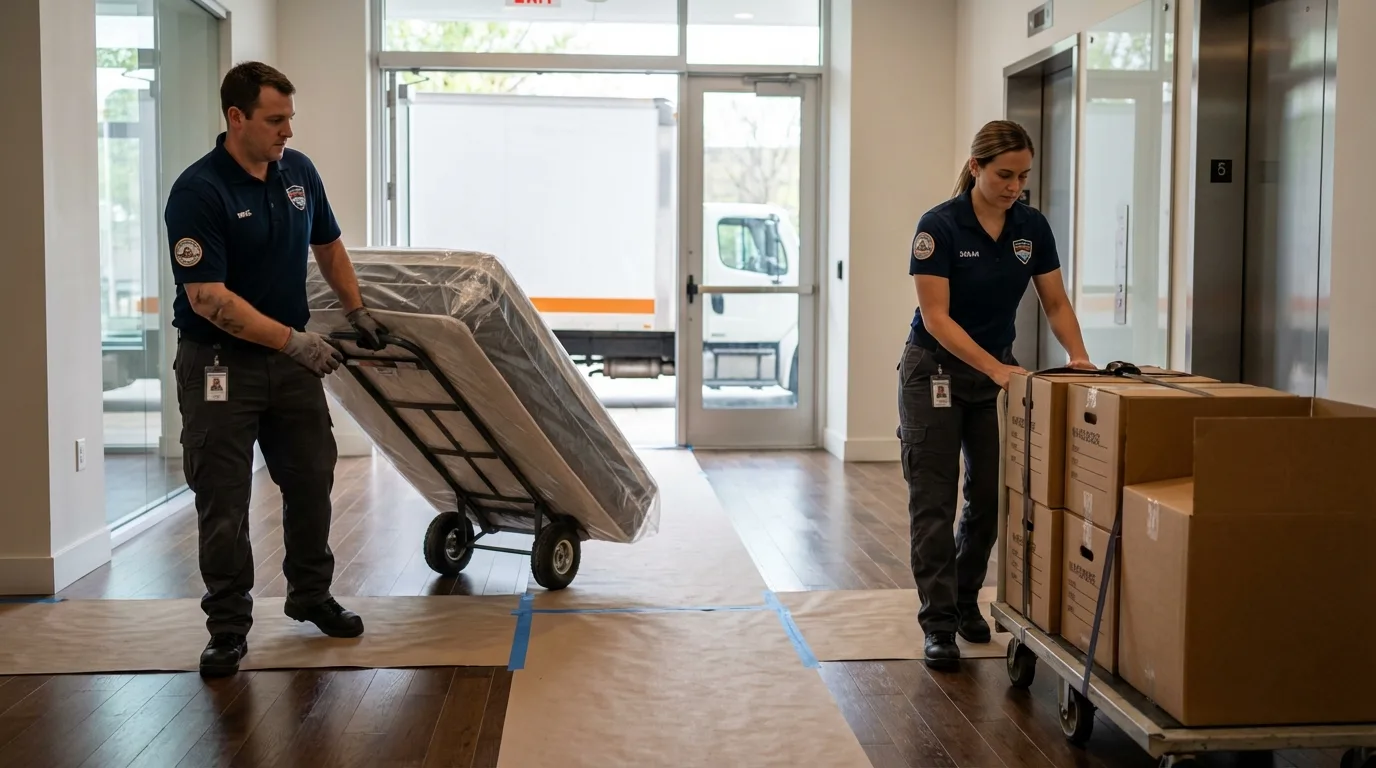 Professional apartment movers loading elevator in Parkers Prairie, MN