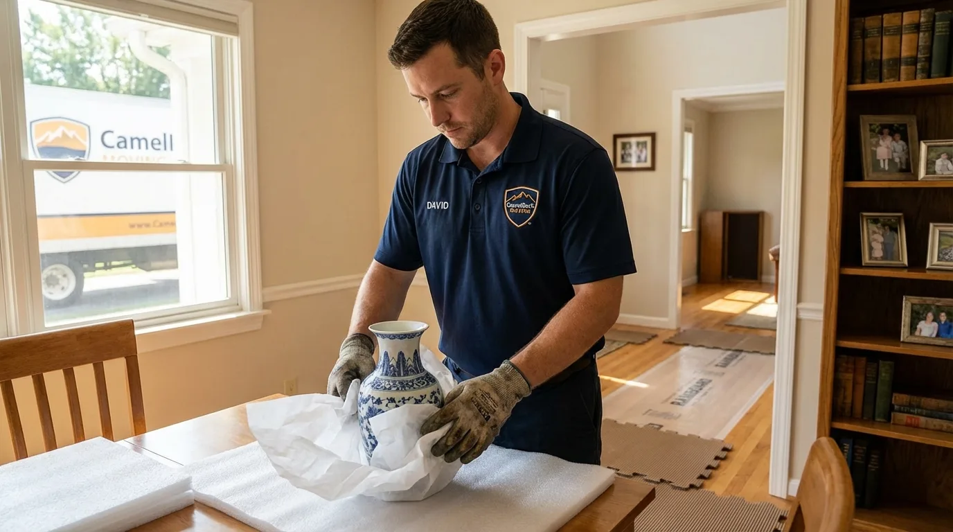 Professional crew carefully wrapping antique vase for senior downsizing move in Parkers Prairie, MN